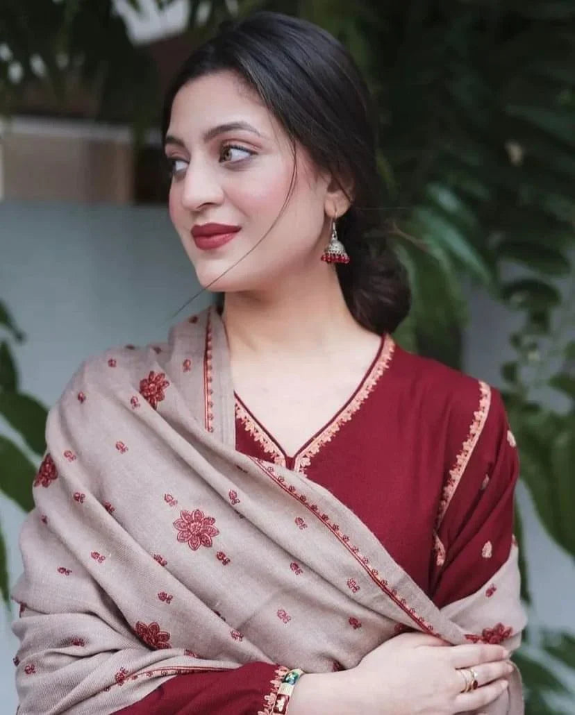 BR 1110-Winter 3 Piece Dhanak suit with Embroidered Shawl