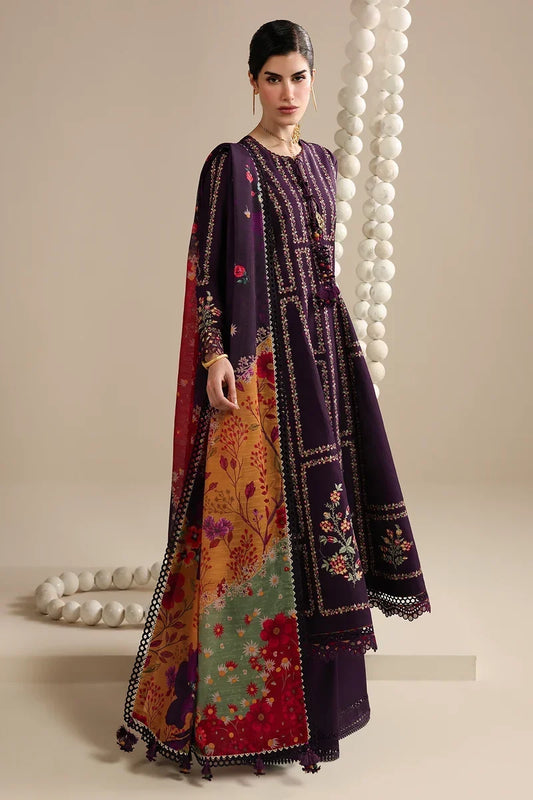 Dhanak Fabric - 3 Piece Unstitched Embroidered Dress With Printed Shawl ZH-3065