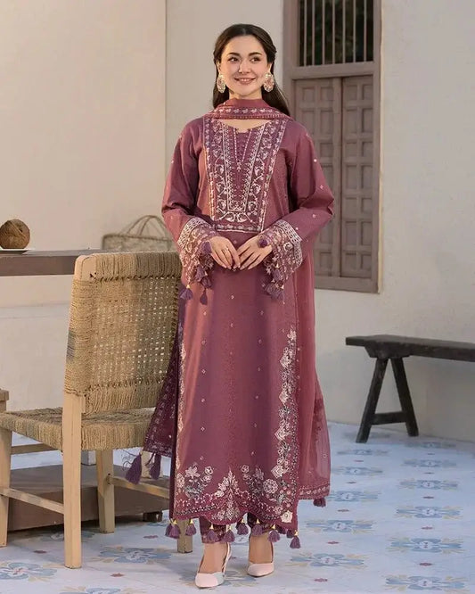 QL 2850 3Pc-Unstitched Fully Embroidered Lawn Fabric With With bamber Chifoon Dupatta with patches