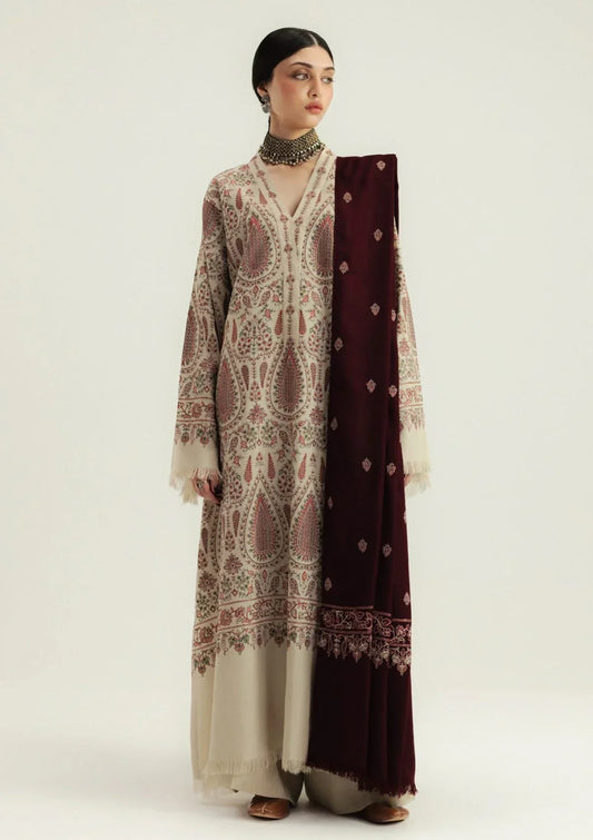 Dhanak Fabric - 3 Piece Unstitched Embroidered Dress With Embroidered Shawl