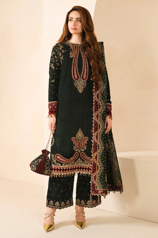 JZ 999-3 Pc Embroidered Velvet Shirt and Trouser with Chiffon Dupatta