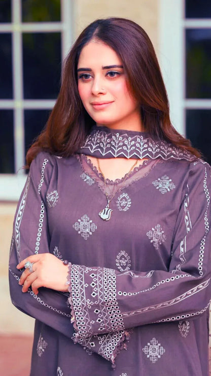 3 Piece - Unstitched Fully Embroidered Dhanak Fabric NS-915