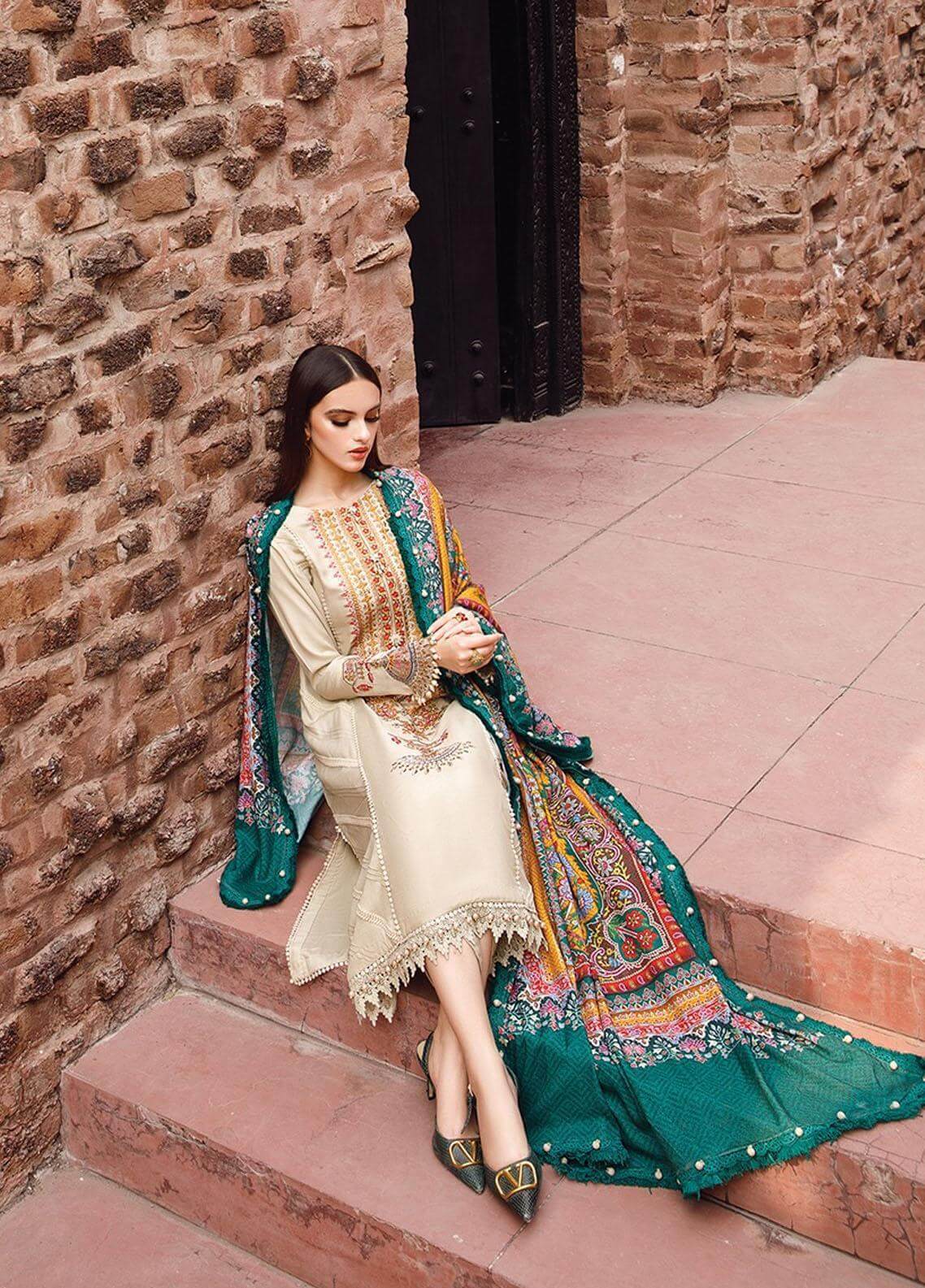 RM 670-3 Piece Unstitched Heavy Embroidered  Dhanak Wool Suit Printed Woolen Shawl
