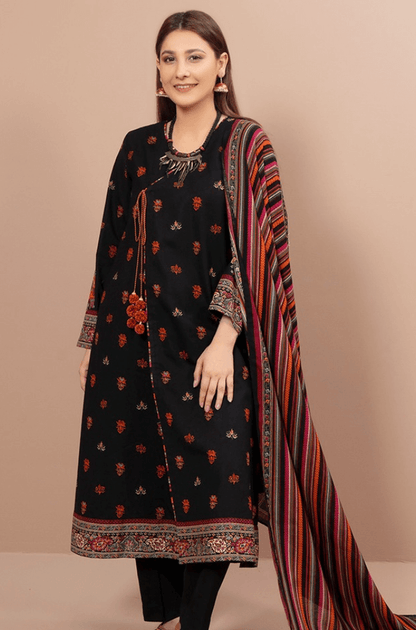 KS 725-3 Piece Unstitched Heavy Embroidered Dhanak Suit With Printed Woolen Shawl