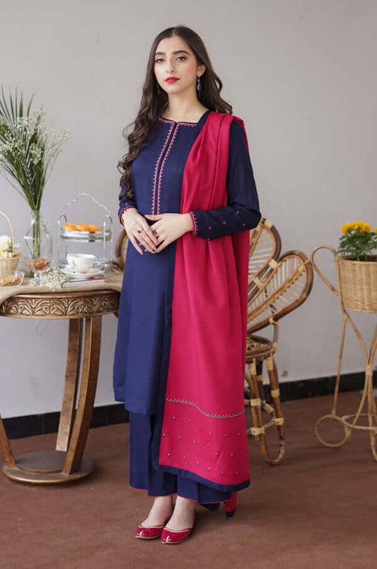 BR 1146-3 Piece Unstitched Heavy Embroidered Dhanak Suit ( Embroidered Dhanak Wool Shawl )