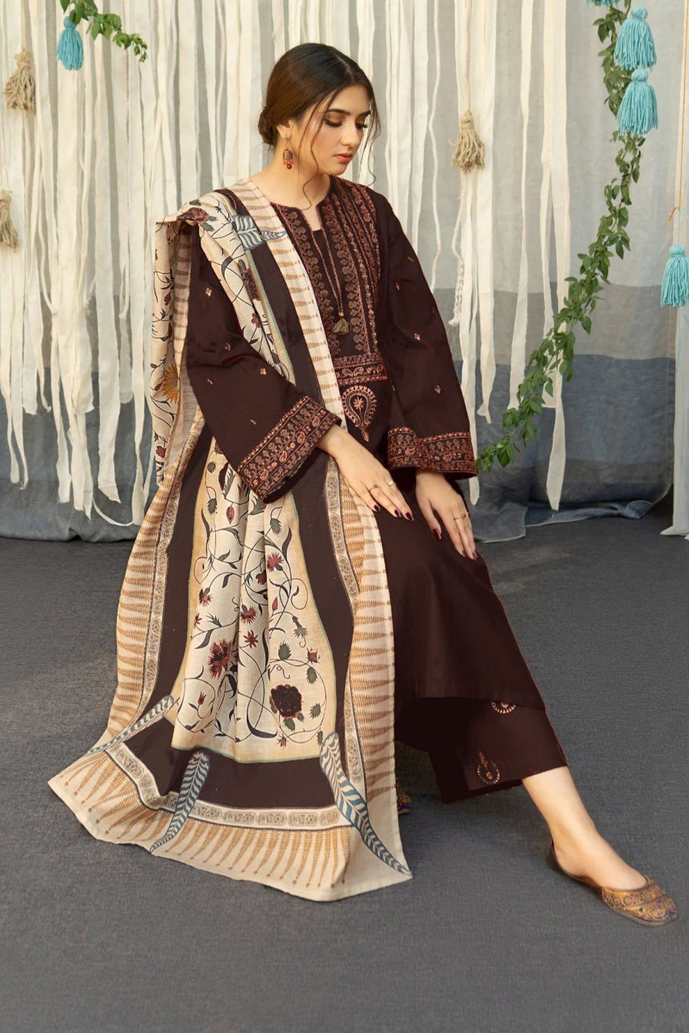 BR-845B-3 Piece - Unstitched Fully Embroidered Dhanak Fabric