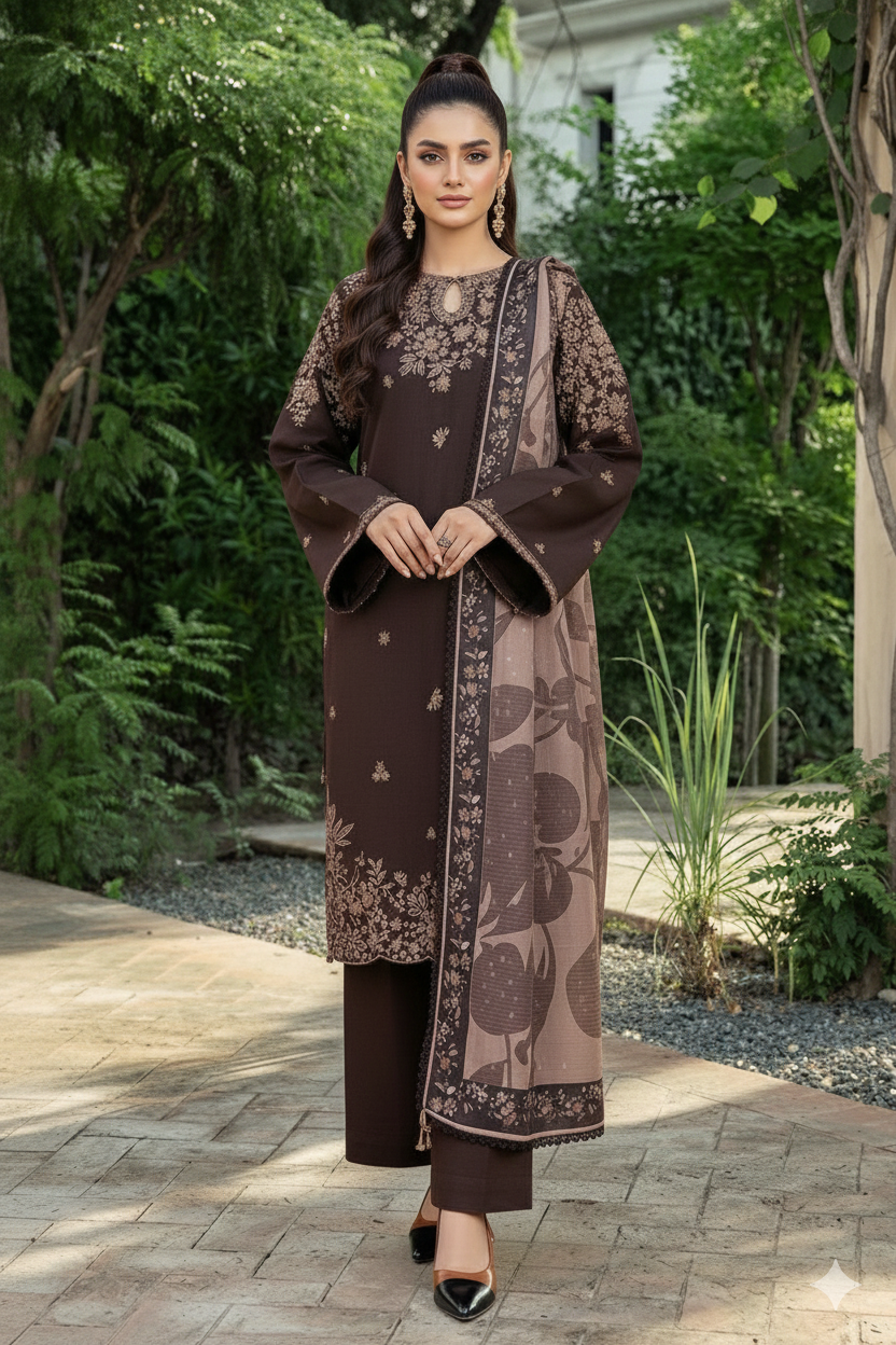 3 Piece - Unstitched Fully Embroidered Dhanak Fabric