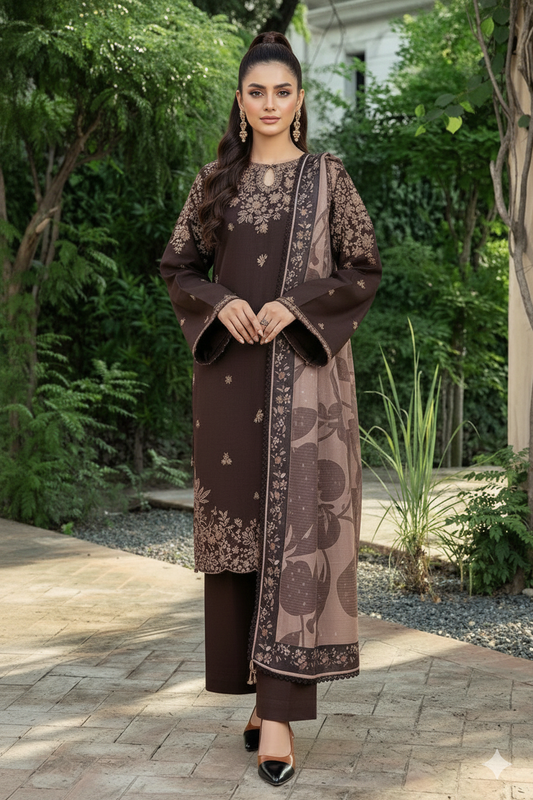 3 Piece - Unstitched Fully Embroidered Dhanak Fabric