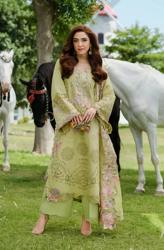 EL-2720  3Pc-Unstitched Fully Embroidered Lawn Fabric With Embroidered Cotton Net Dupatta