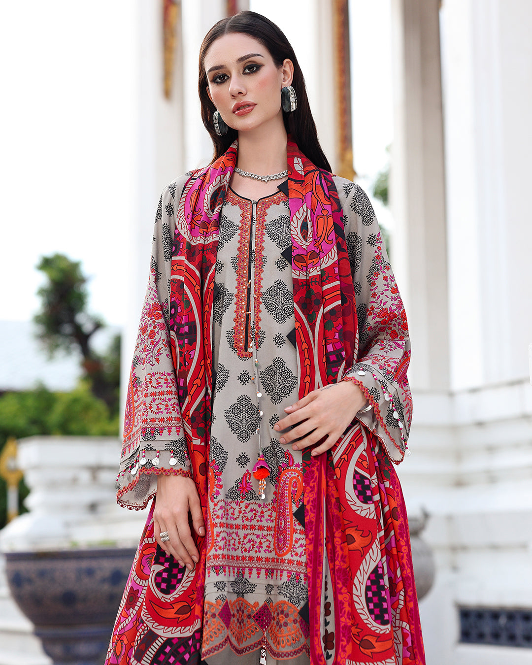 3 Piece - Unstitched Digital Printed Khaddar Fabric With Embroidered Laces CH-75