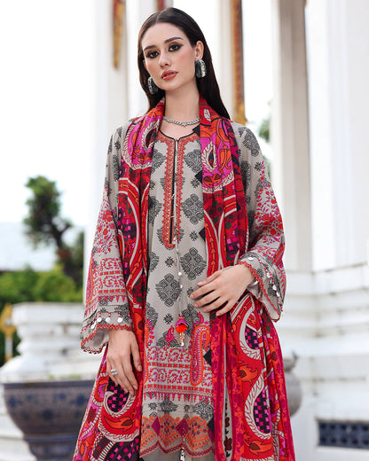 3 Piece - Unstitched Digital Printed Khaddar Fabric With Embroidered Laces CH-75