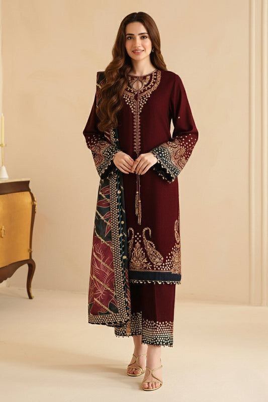 3 Piece - Unstitched Fully Embroided Velvet Fabric