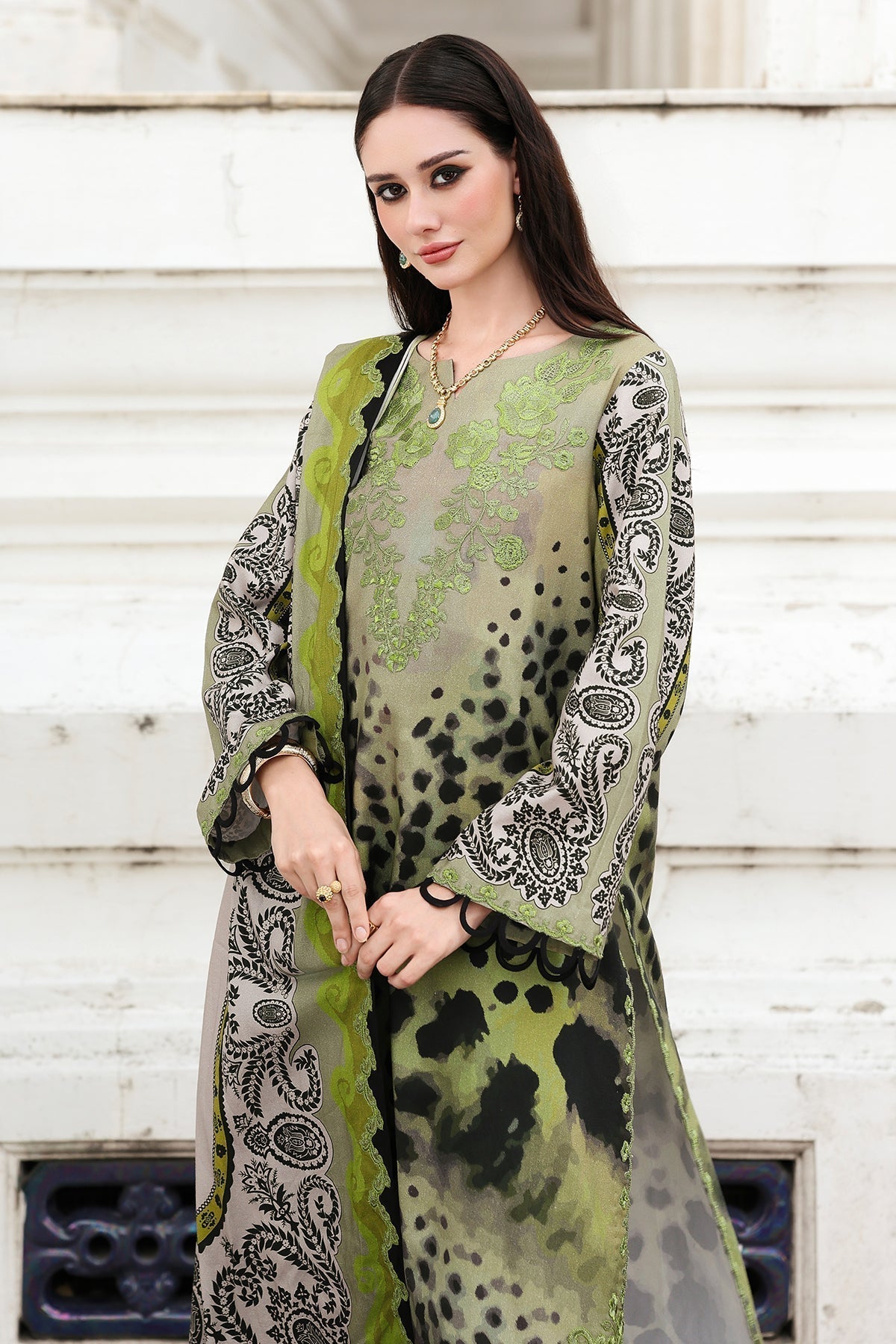 3 Piece - Unstitched Digital Printed Khaddar Fabric With Embroidered Laces