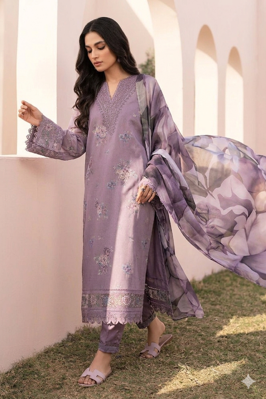BQ 210-3 Piece - Unstitched Digital Printed Lawn Fabric With Lawn Dupatta