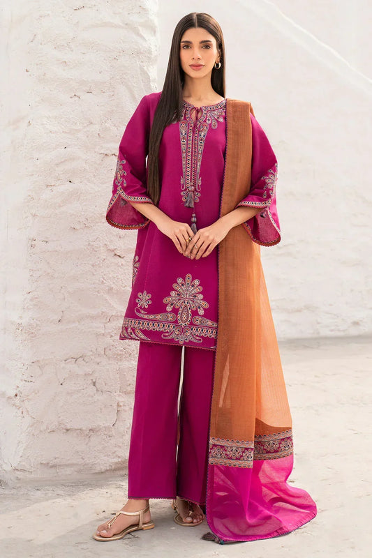 JZ-2830-3 Piece - Unstitched Embroidered Lawn Fabric With Embroidered Chiffon Dupatta
