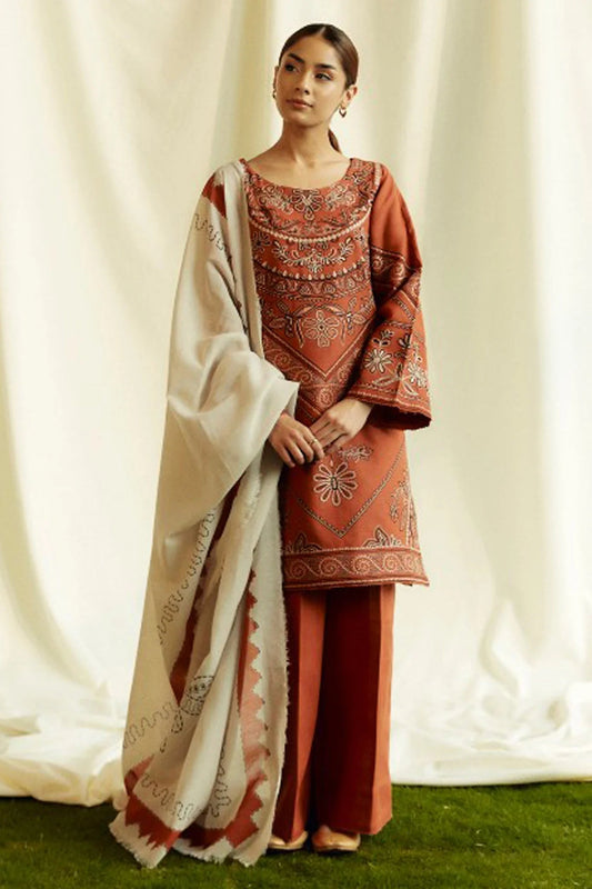 ZS 2555B-3 Piece Unstitched Heavy Embroidered Lawn Suit ( Fine Printed Polly Lawn Dupatta )
