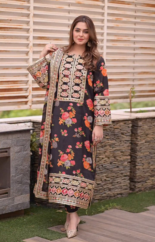 Aneelas Luxury Silk Unstitched 3 Piece Suit - Black