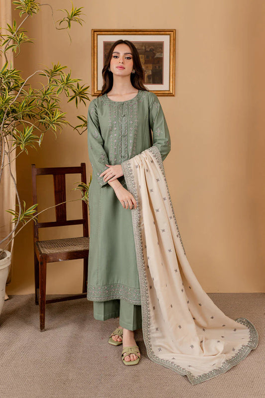 RP 600-3 Piece - Unstitched Fully Embroidered Lawn Fabric With Embroidered Lawn Shawl