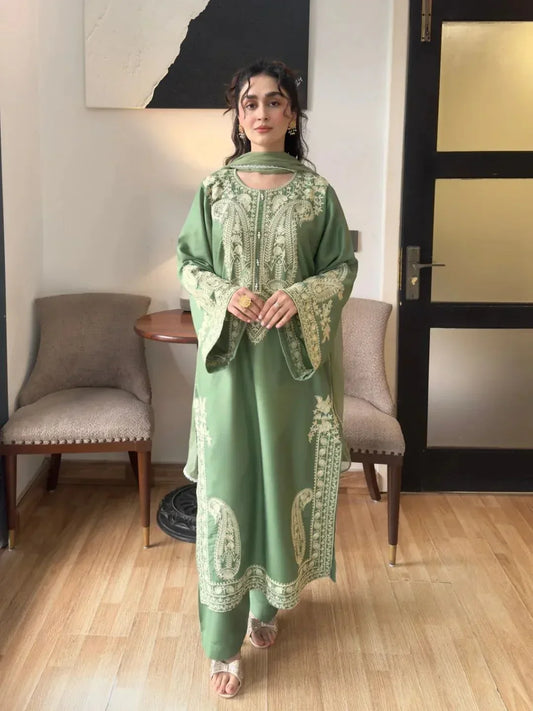 MR-2740  3Pc-Unstitched Embroidered Lawn Fabric With Embroidered Chiffon Dupatta